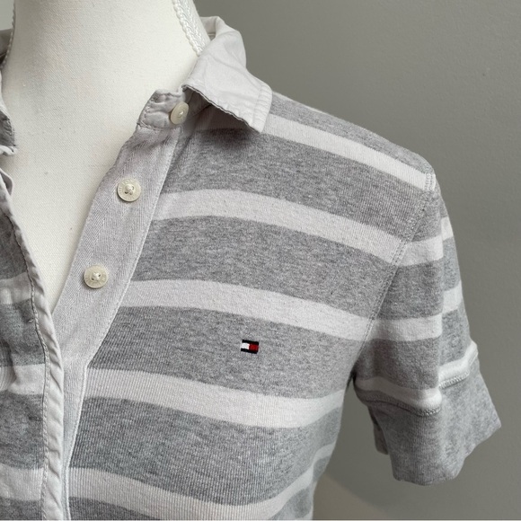 Y2K Tommy Hilfiger Stripe Polo Shirt White and Grey Preppy Size Extra Small - Picture 4 of 9